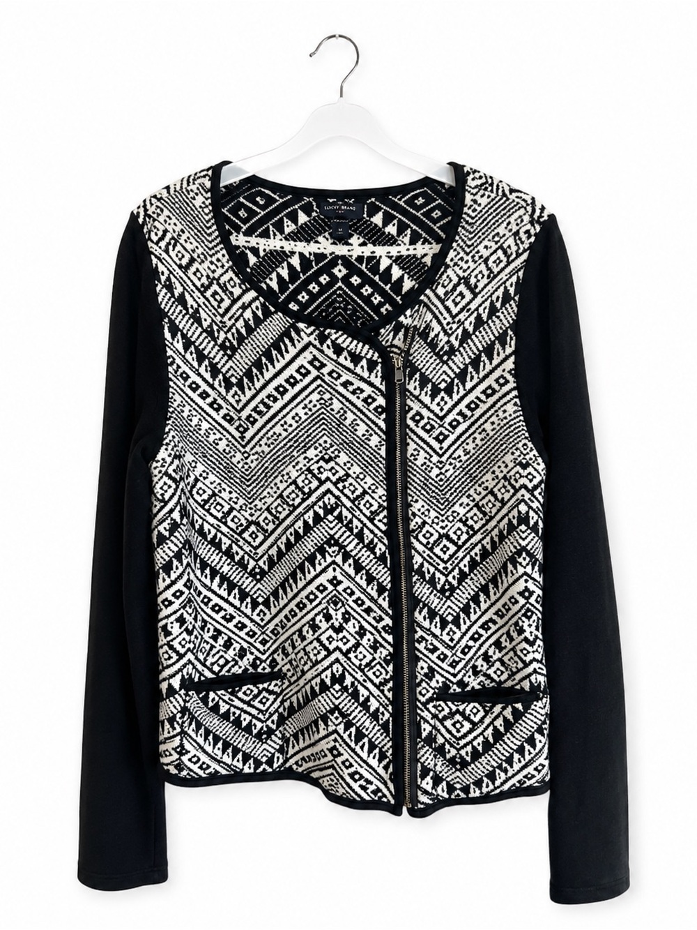 Lucky Brand Black Ivory Geometric Zip Cardigan Sweater Jacket | XL